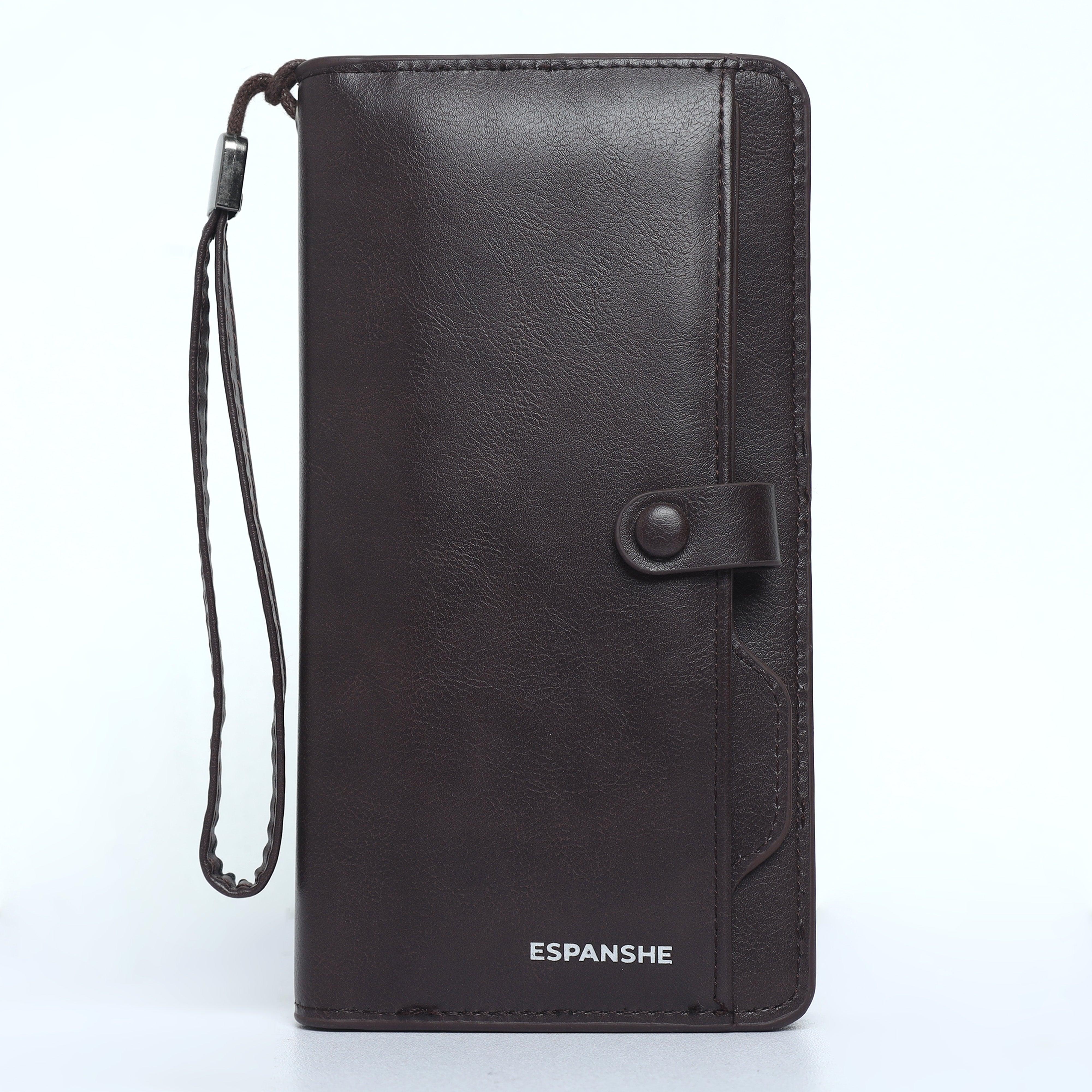 Leather Hand Wallet with Pull Out Card Compartment- Brown - Espanshe