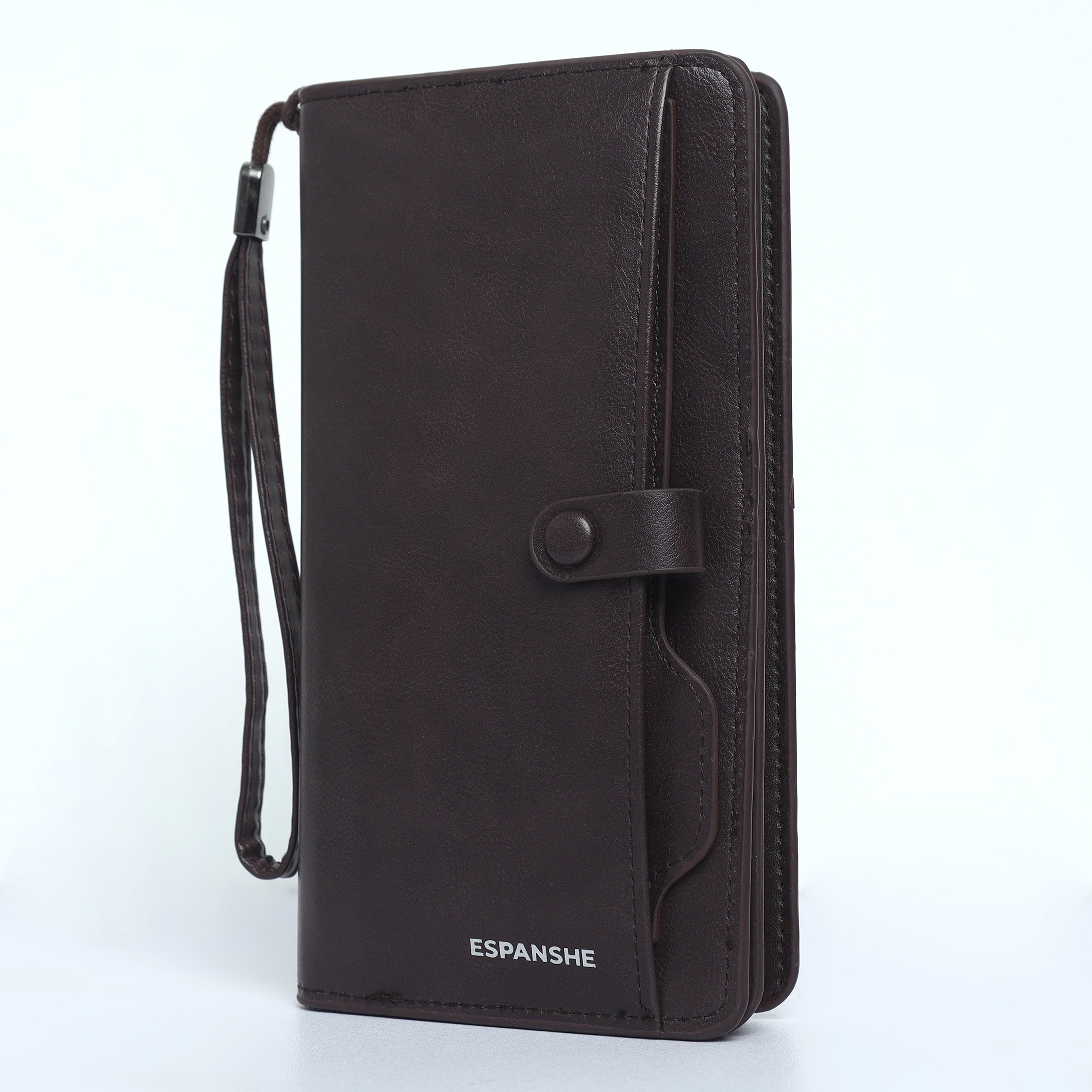 Leather Hand Wallet with Pull Out Card Compartment- Brown - Espanshe