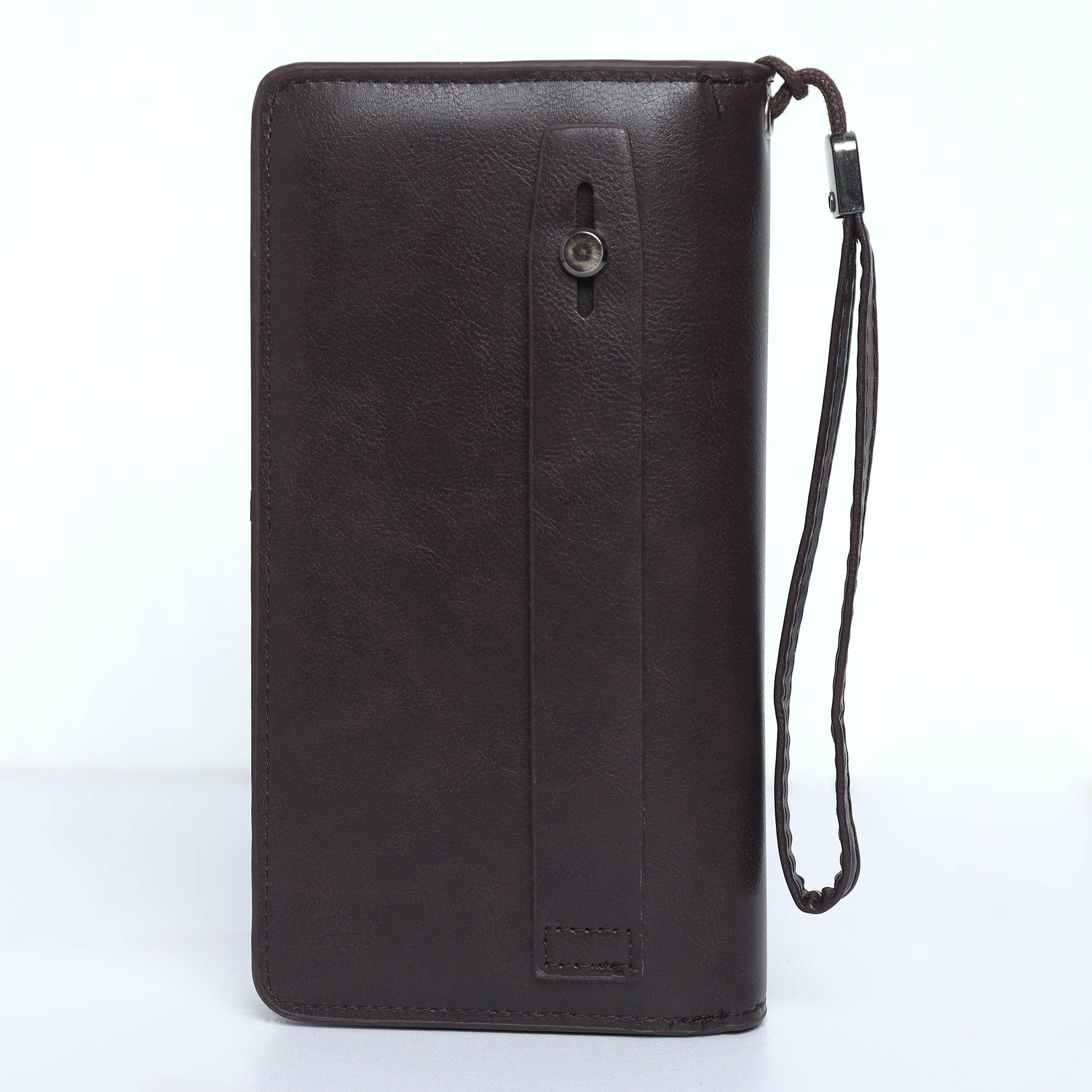 Leather Hand Wallet with Pull Out Card Compartment- Brown - Espanshe