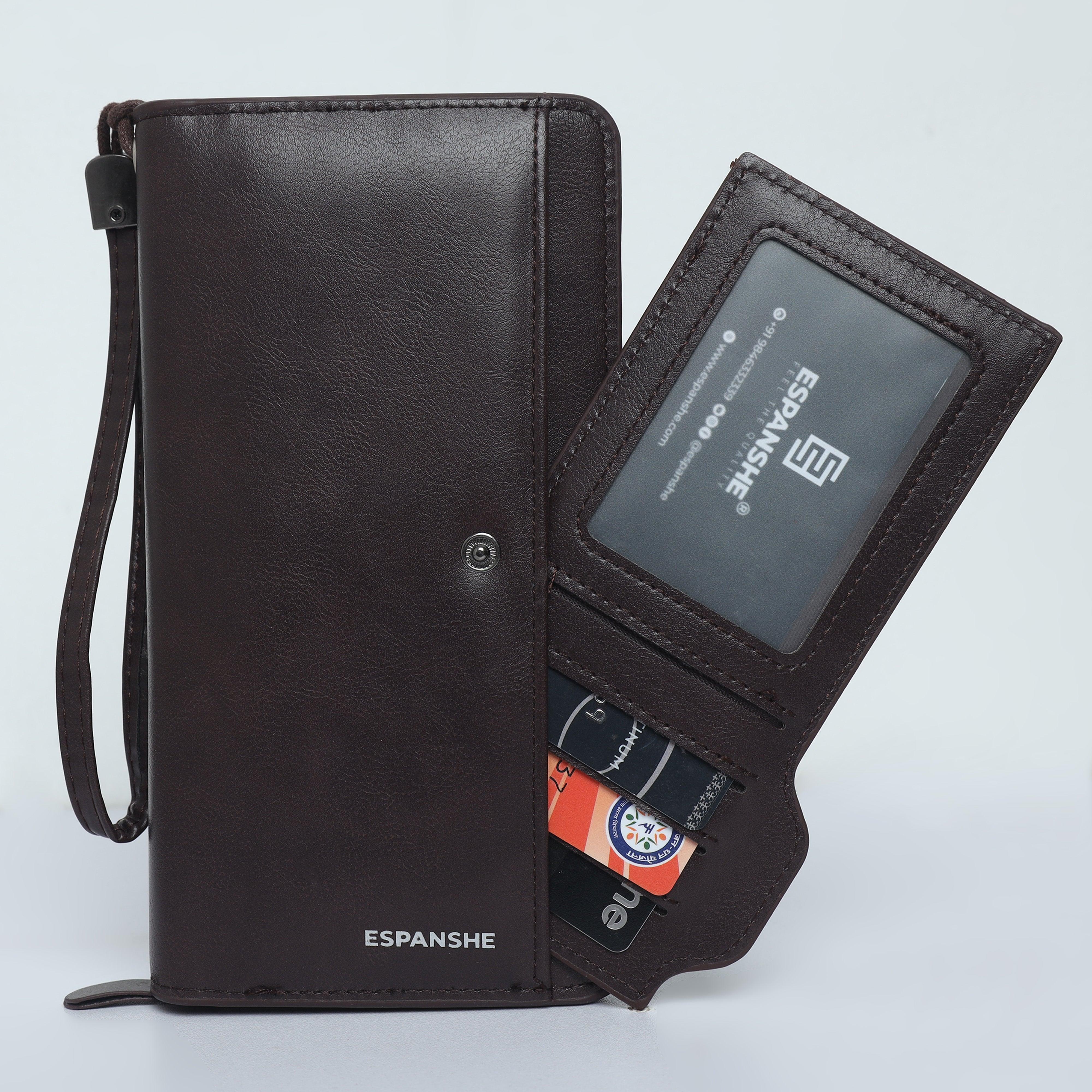 Leather Hand Wallet with Pull Out Card Compartment- Brown - Espanshe