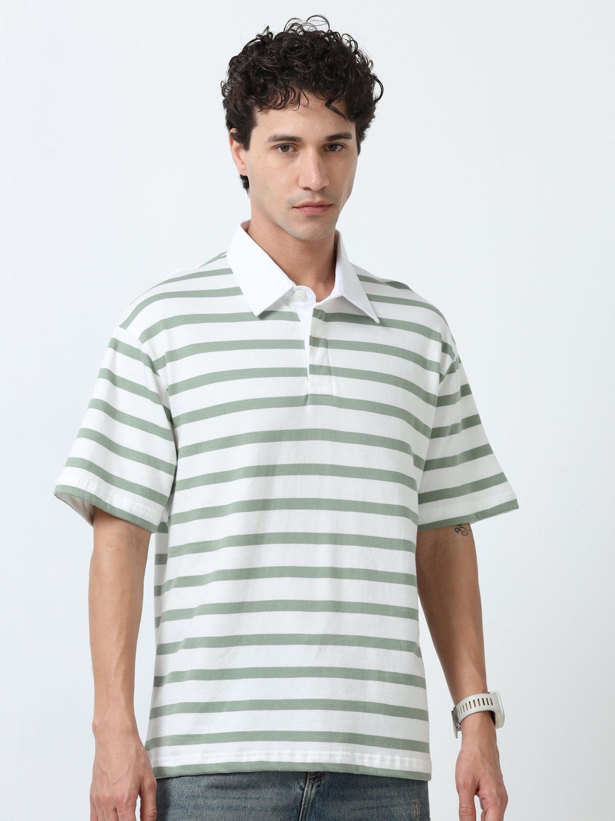 Calla - Oversized Striped Polo T Shirt - Green - Espanshe