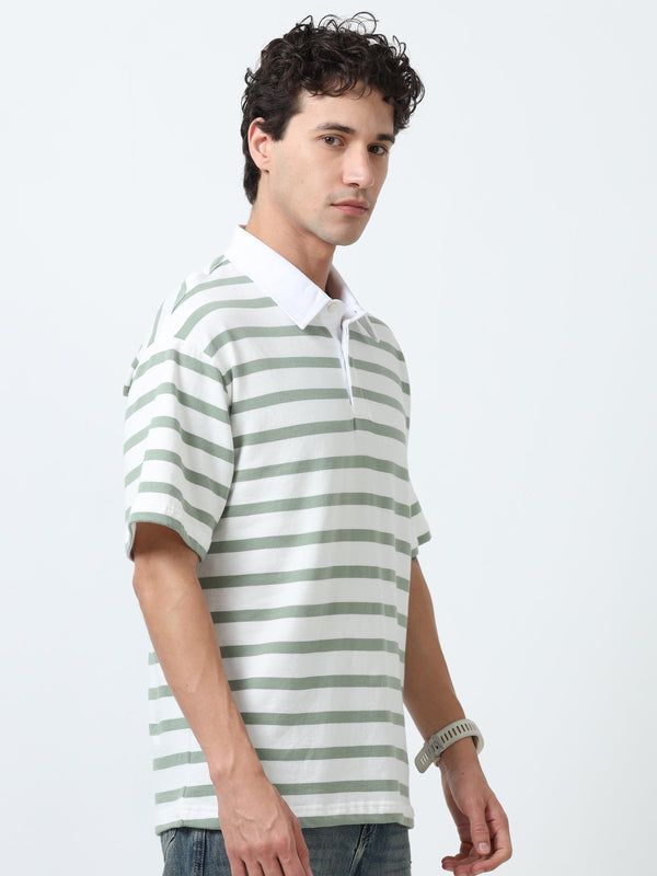 Calla - Oversized Striped Polo T Shirt - Green - Espanshe