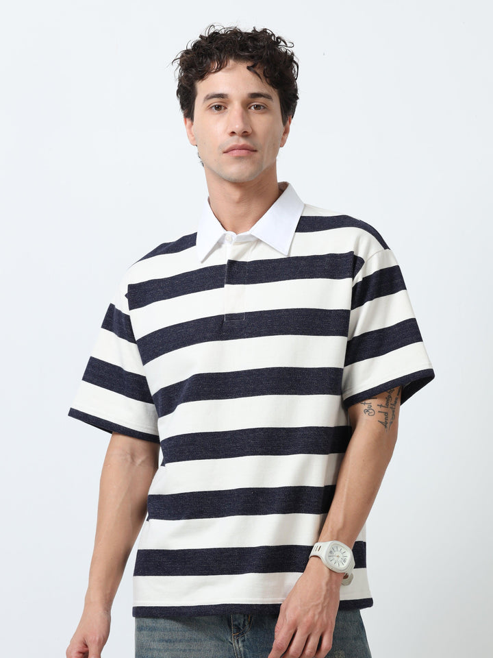 Calla - Oversized Striped Polo T Shirt - Starry Blue - Espanshe