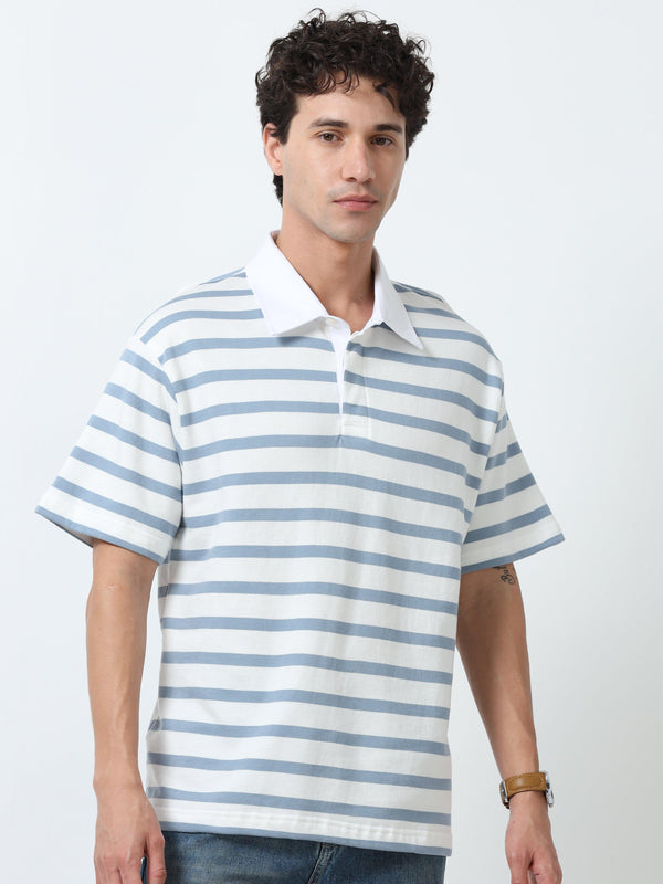 Calla - Oversized Striped Polo T Shirt - Sky Blue - Espanshe