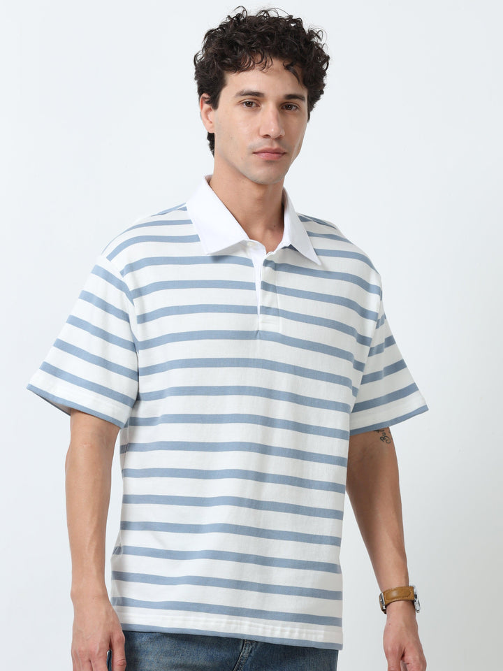 Calla - Oversized Striped Polo T Shirt - Sky Blue - Espanshe