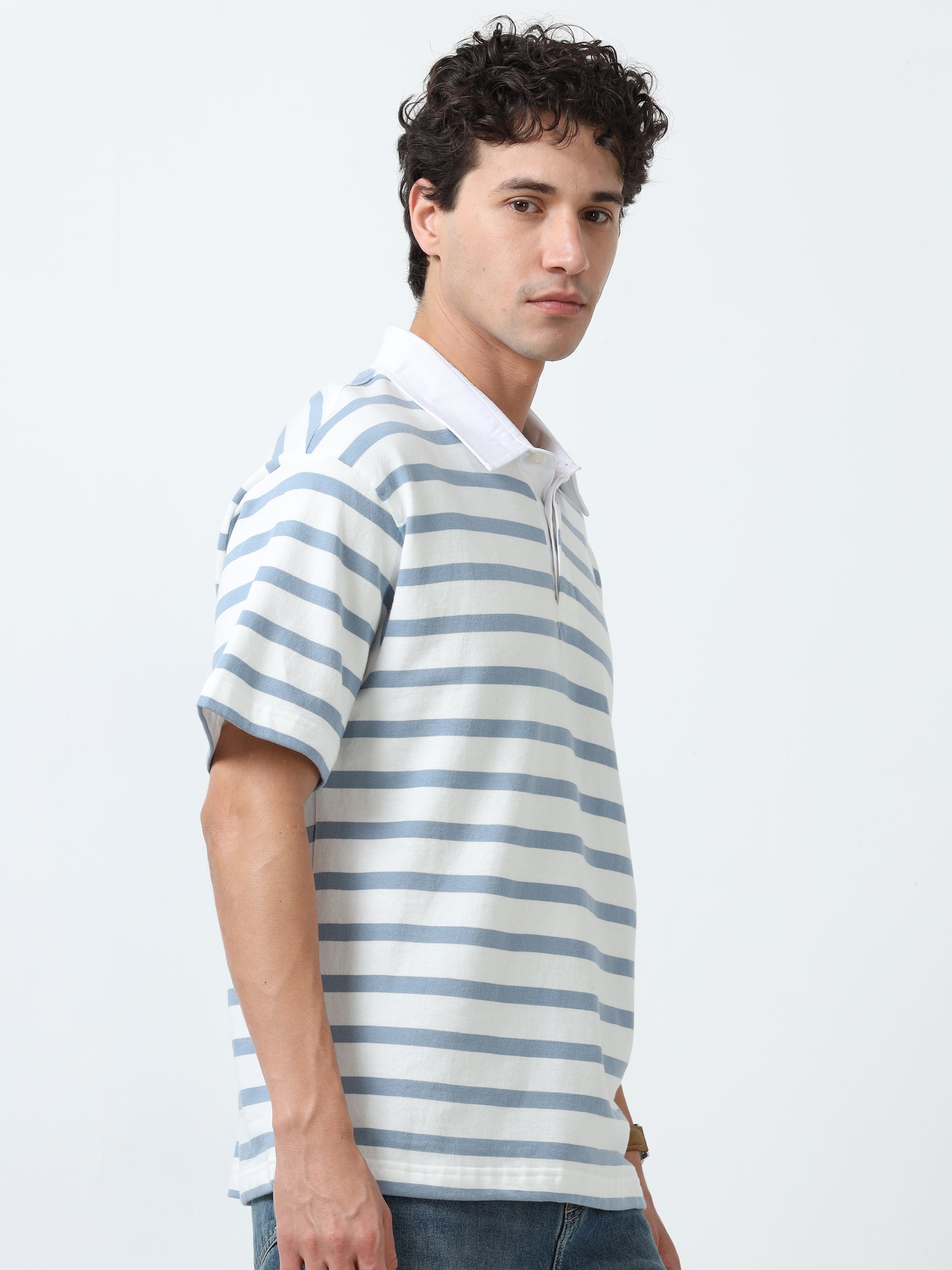 Calla - Oversized Striped Polo T Shirt - Sky Blue – Espanshe
