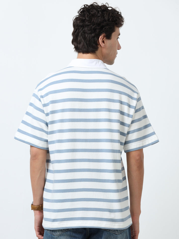 Calla - Oversized Striped Polo T Shirt - Sky Blue - Espanshe