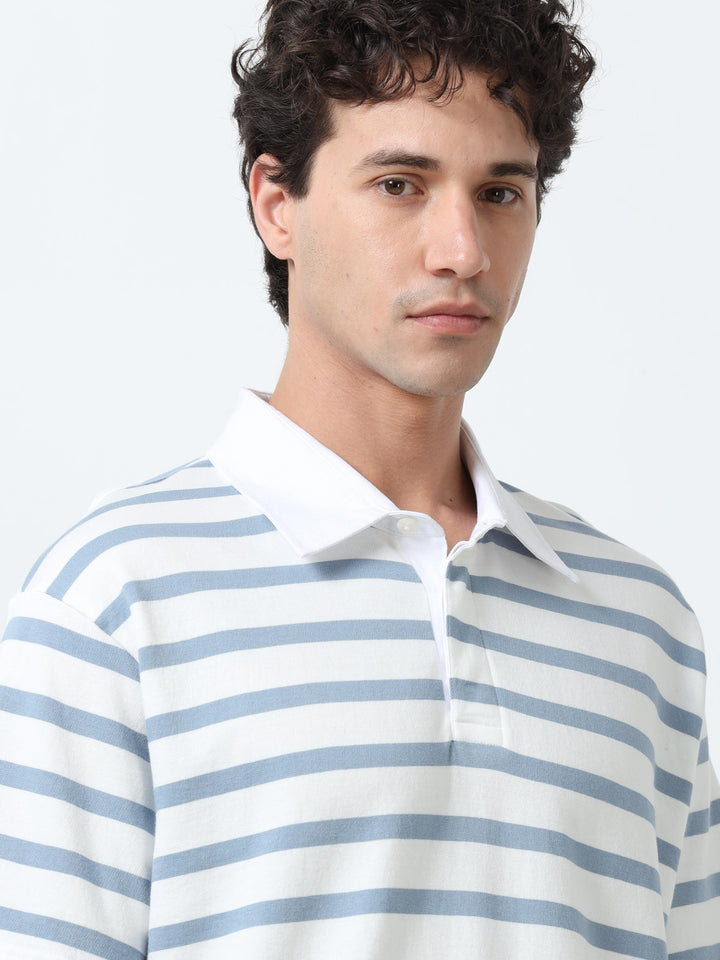 Calla - Oversized Striped Polo T Shirt - Sky Blue - Espanshe