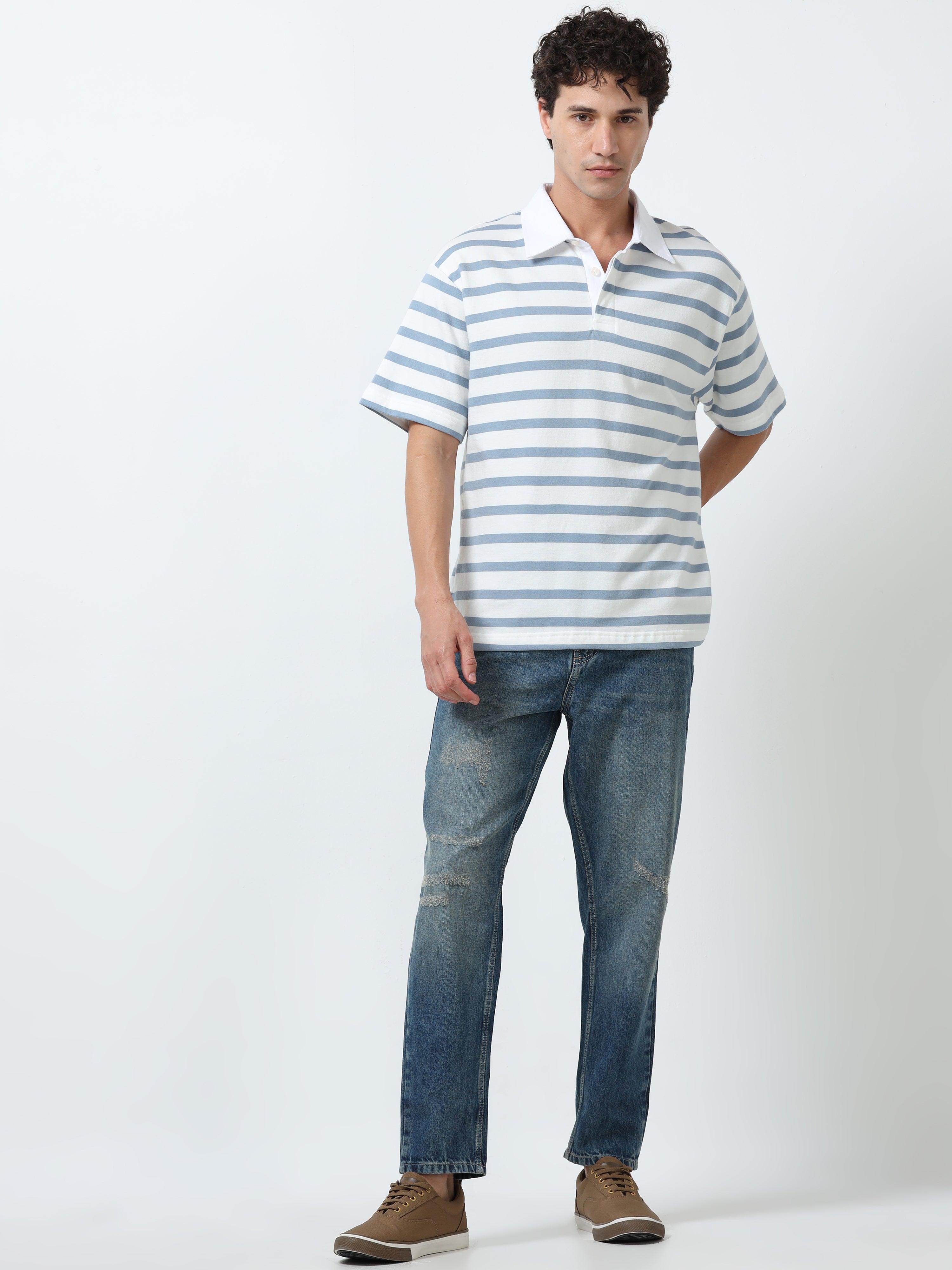 Calla - Oversized Striped Polo T Shirt - Sky Blue – Espanshe