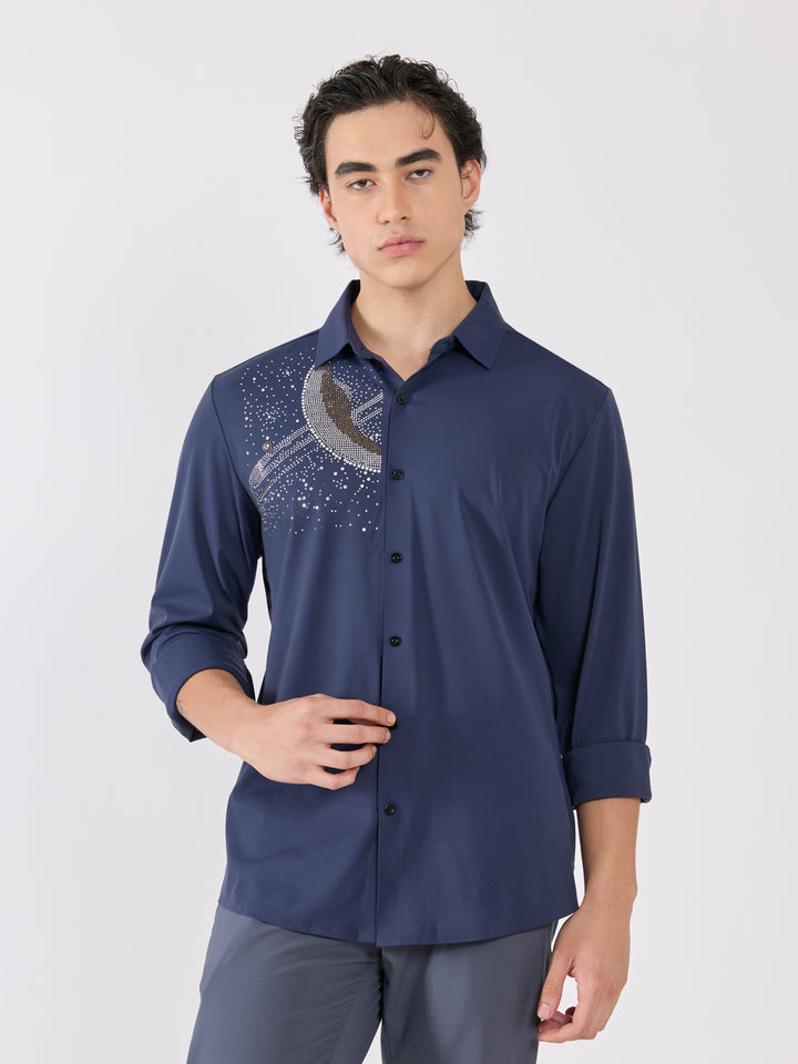 men's shirt -midnight galaxy Embellished with stone in navy