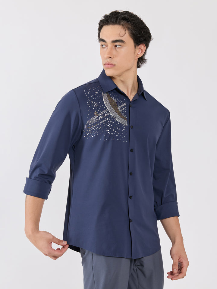 men's shirt -midnight galaxy Embellished with stone in navy