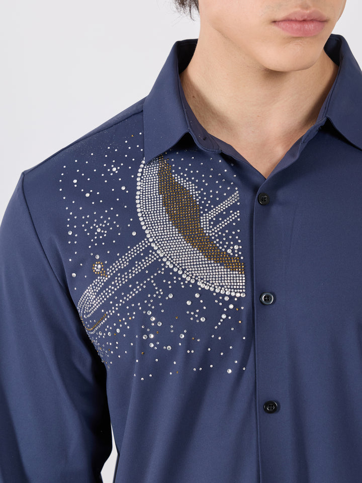 men's shirt -midnight galaxy Embellished with stone in navy