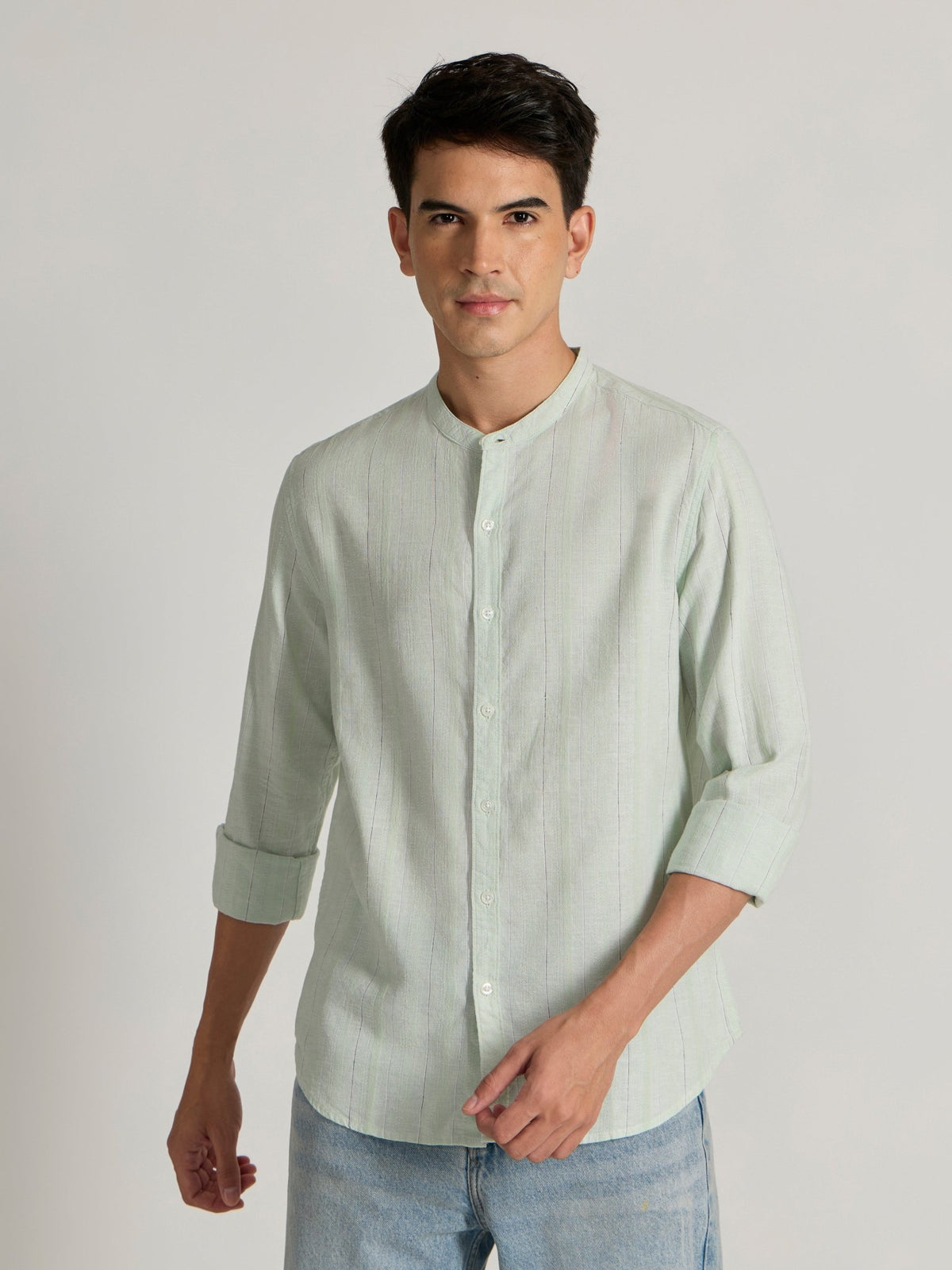 Salvator - Band Collar Striped Shirt - Light Green - Espanshe