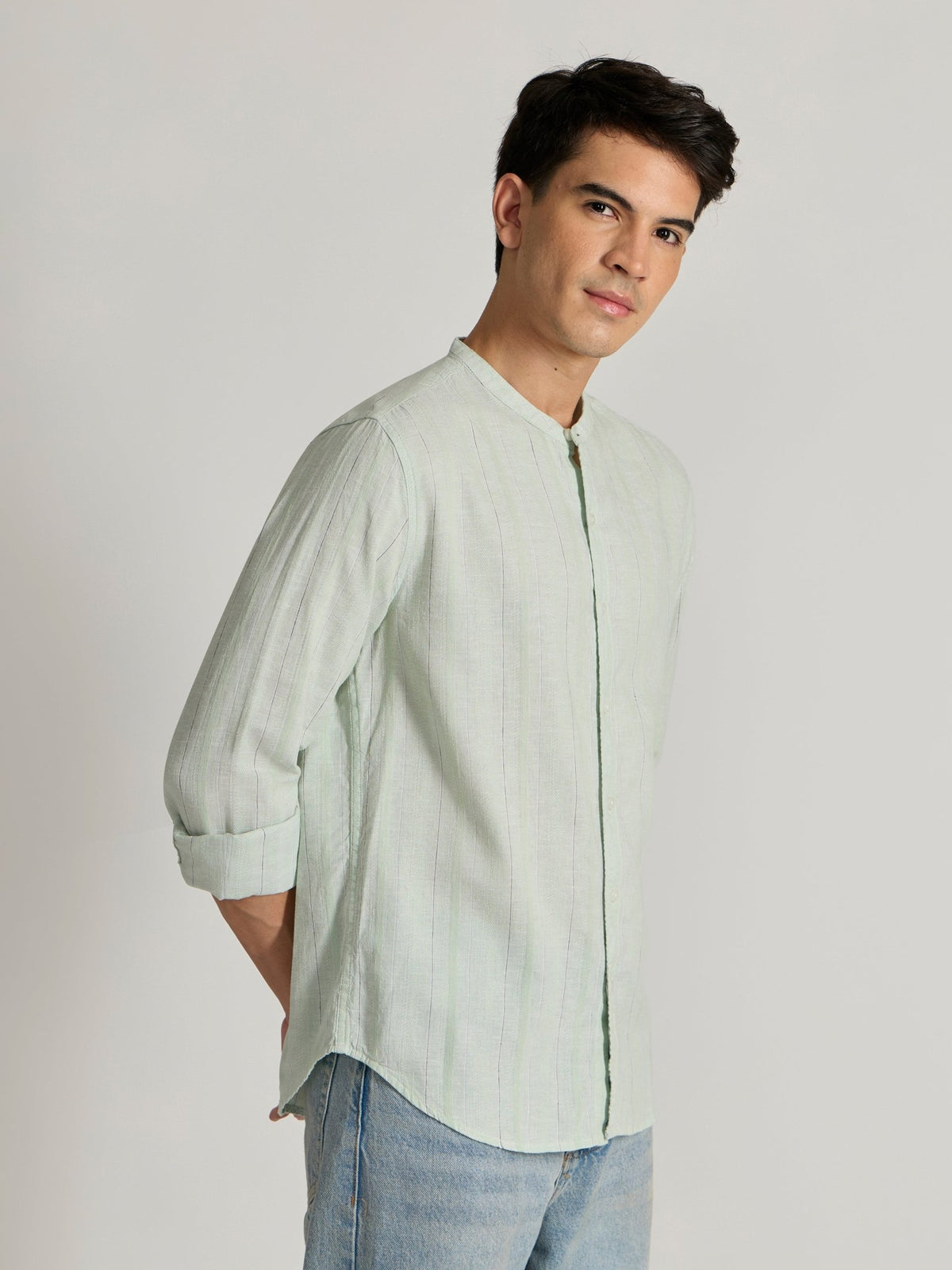 Salvator - Band Collar Striped Shirt - Light Green - Espanshe