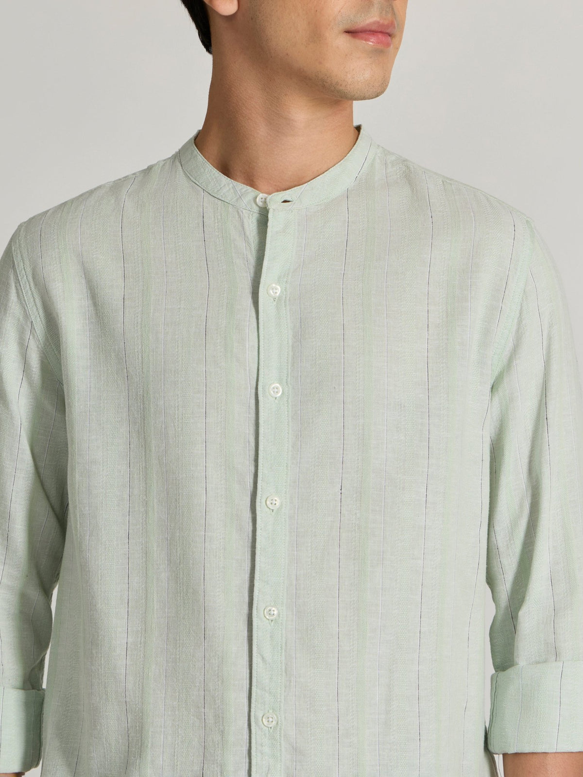 Salvator - Band Collar Striped Shirt - Light Green - Espanshe