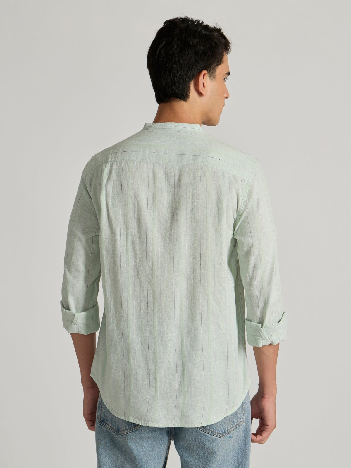 Salvator - Band Collar Striped Shirt - Light Green - Espanshe