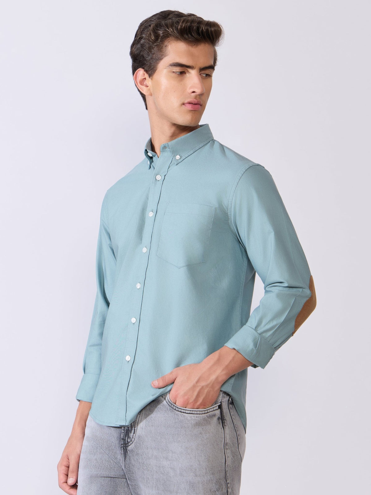 Orbit - Relaxed Fit Oxford Shirt With Elbow Patch - Blue Topaz - Espanshe