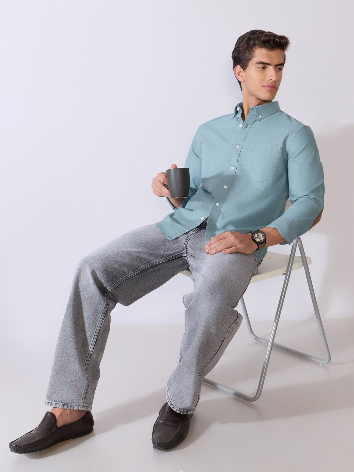 Orbit - Relaxed Fit Oxford Shirt With Elbow Patch - Blue Topaz - Espanshe