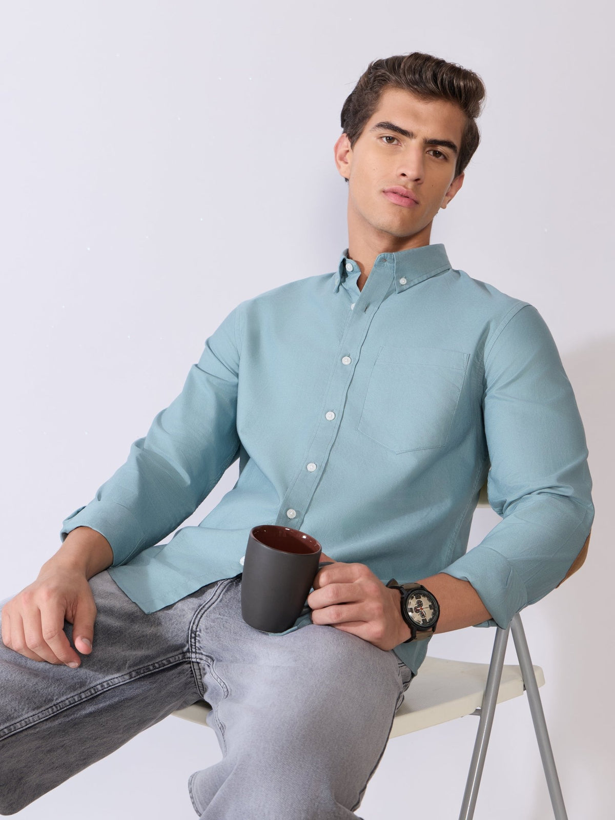 Orbit - Relaxed Fit Oxford Shirt With Elbow Patch - Blue Topaz - Espanshe