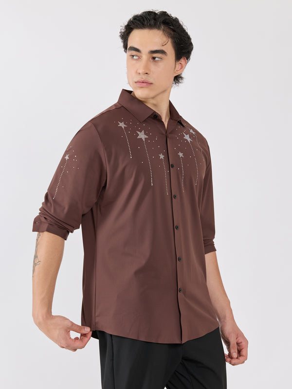 Osmond - Celestial Charm Embellished Shirt - Coffee Brown