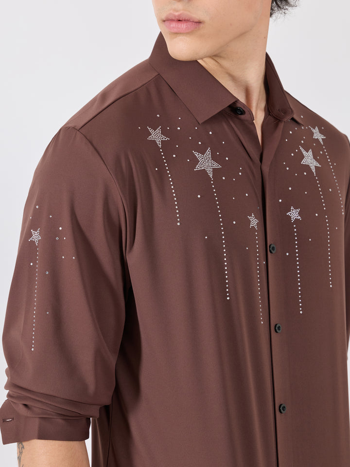 men's shirt -Celestial Charm Embellished with stone in- coffee brown