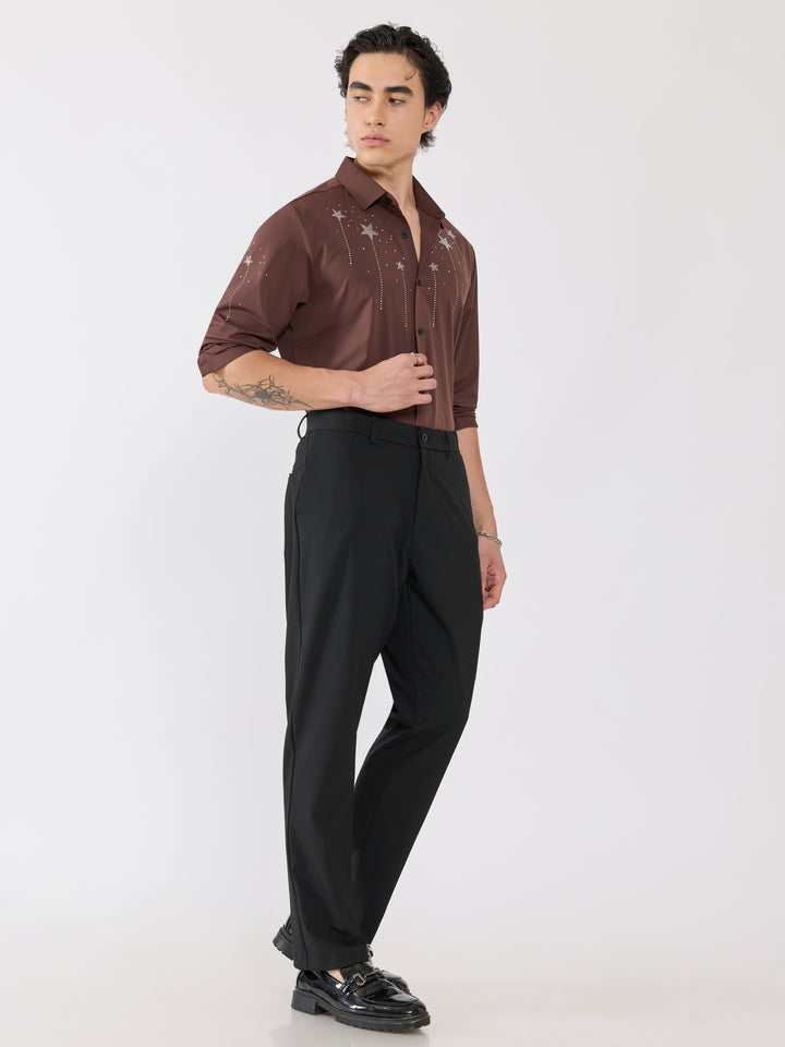 men's shirt -Celestial Charm Embellished with stone in- coffee brown