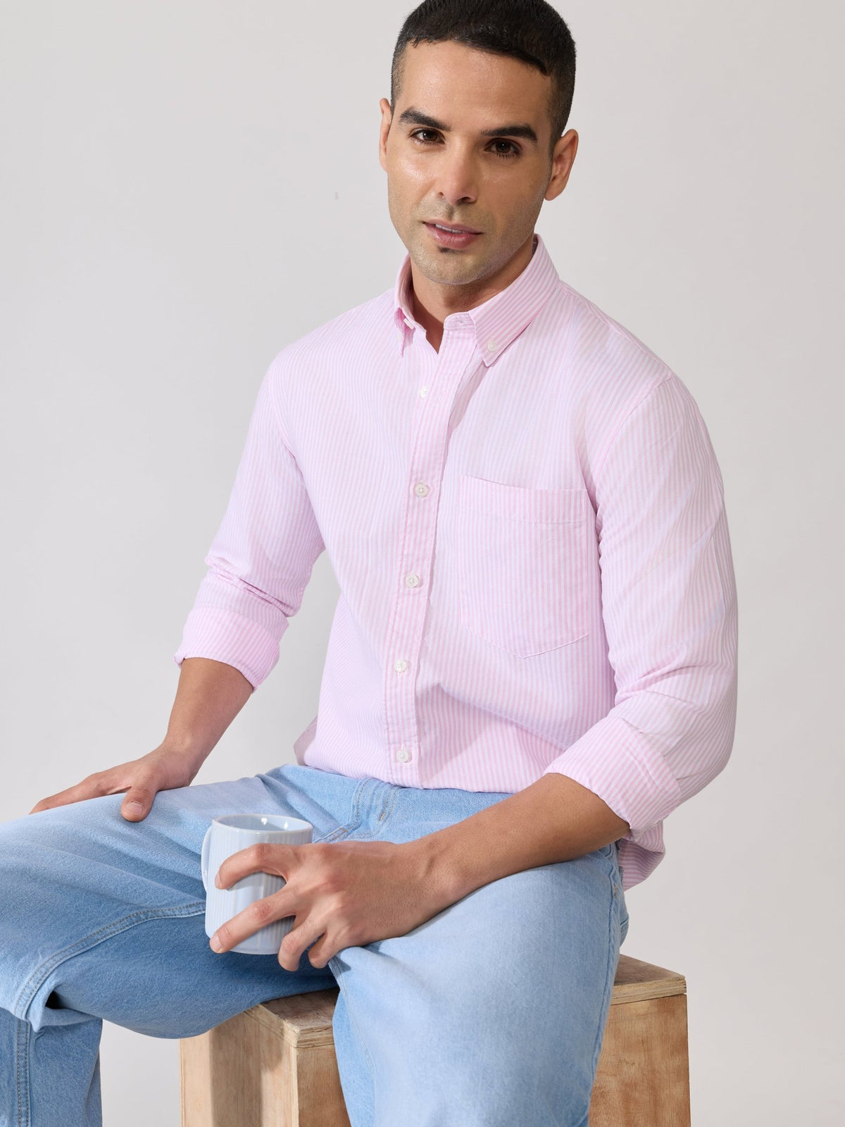 Neocut - Relaxed Striped Oxford Shirt - Light Pink - Espanshe
