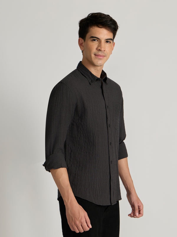 Dashiell - Crinkled Checked Shirt - Black and Dark Brown