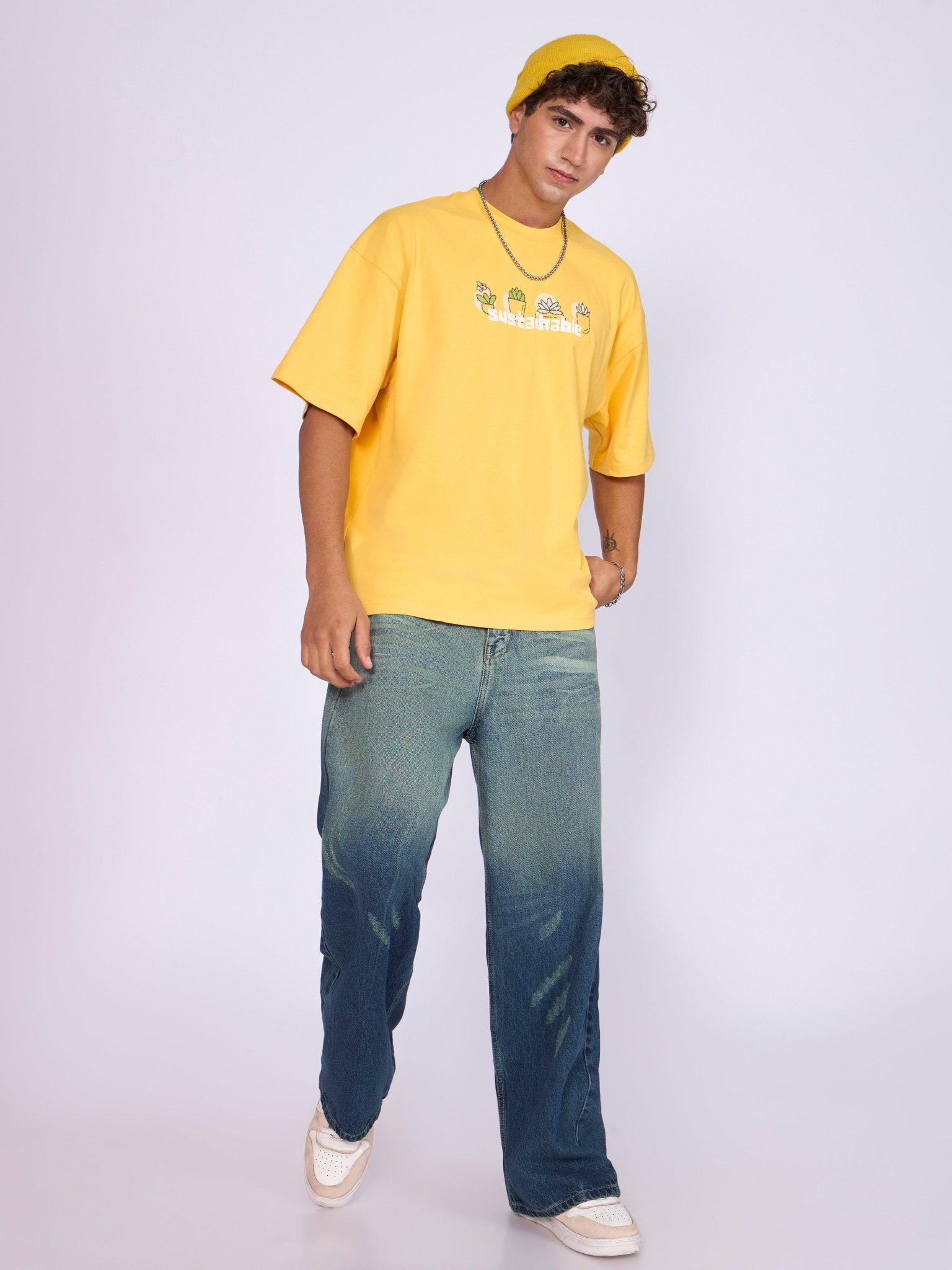 Everston - Sustainable Printed Baggy T-Shirt - Yellow - Espanshe