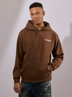 men's brown long sleeve hoodie with minimal print, cotton and polyster blended.