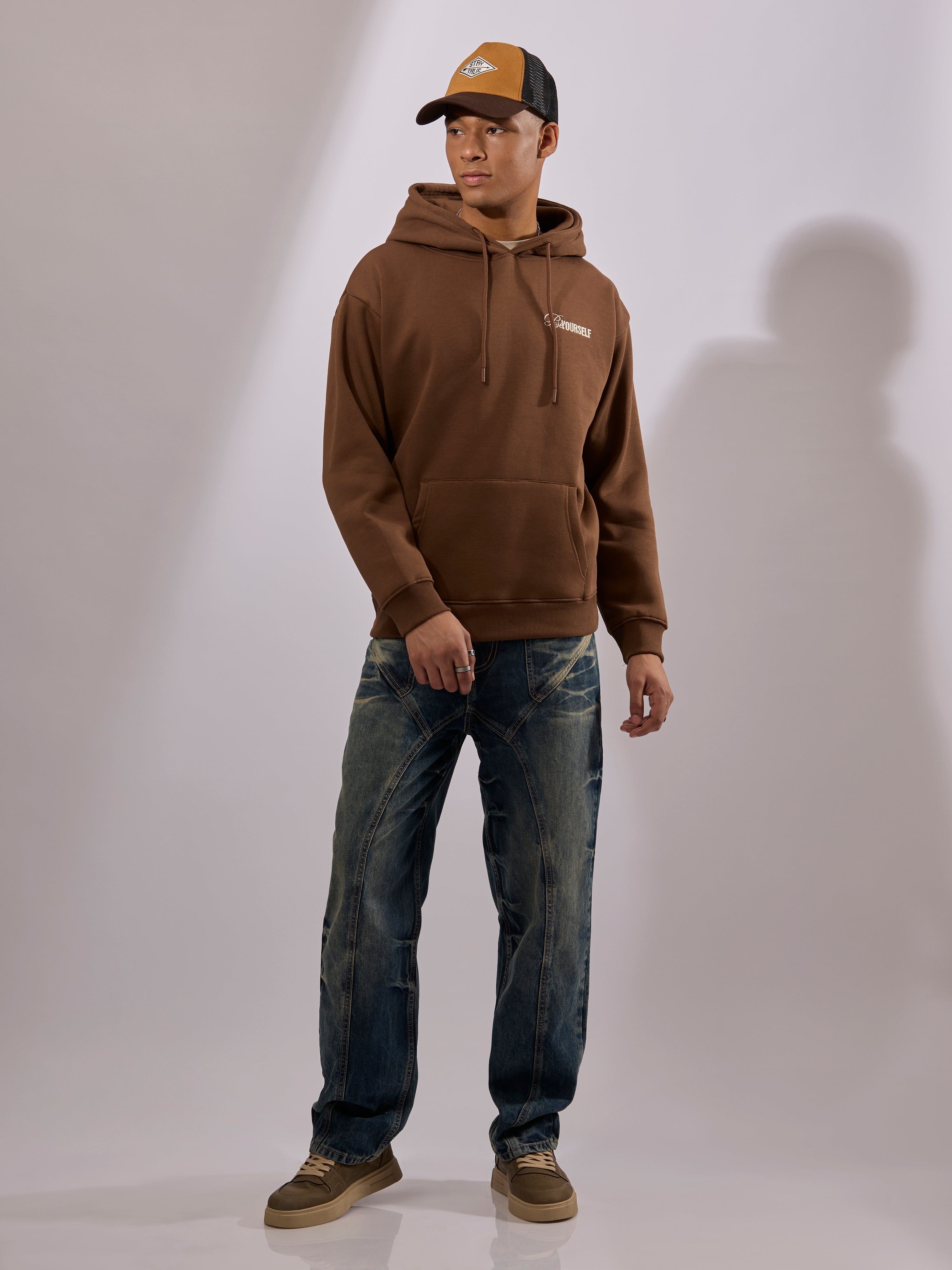 men's brown long sleeve hoodie with minimal print, cotton and polyster blended.