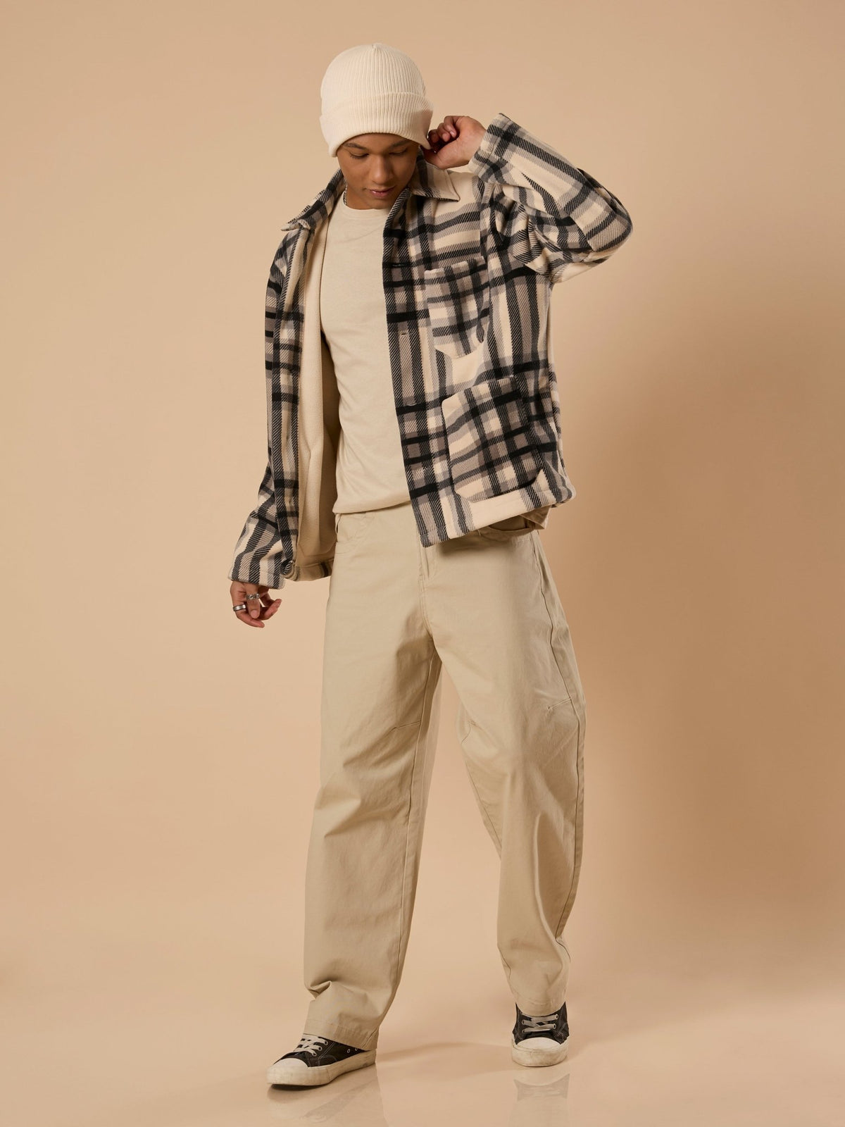 Sherly - Relaxed checked Fleece Shacket - Off Black - Espanshe