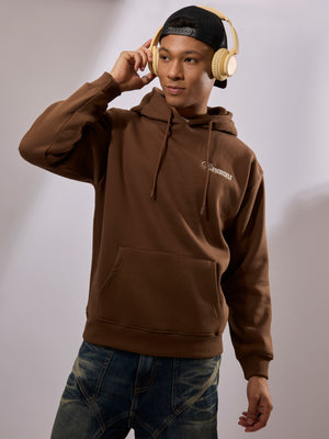 men's brown long sleeve hoodie with minimal print, cotton and polyster blended.
