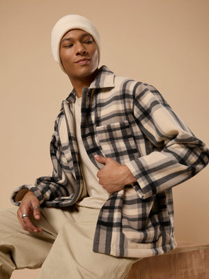 men's off black checked fleece shacket with cotton and polyster belnded  fabric.
