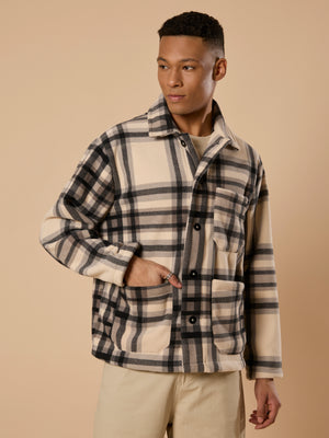 men's off black checked fleece shacket with cotton and polyster belnded  fabric.
