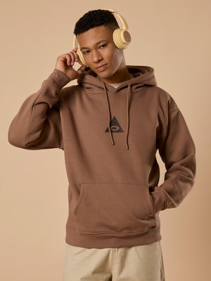 men's light brown long sleeve hoodie with minimal print, cotton and polyster blended.