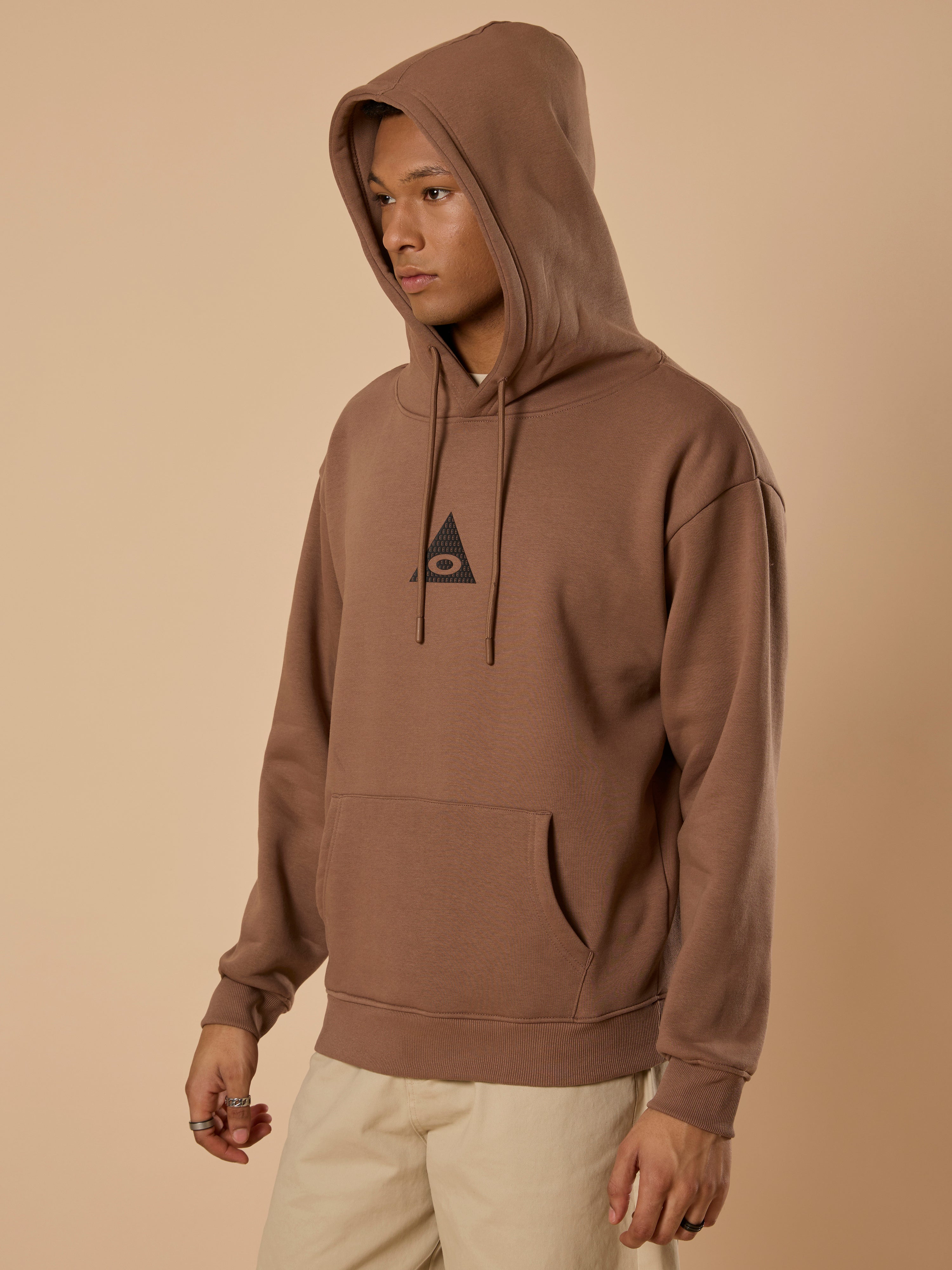 men's light brown long sleeve hoodie with minimal print, cotton and polyster blended.