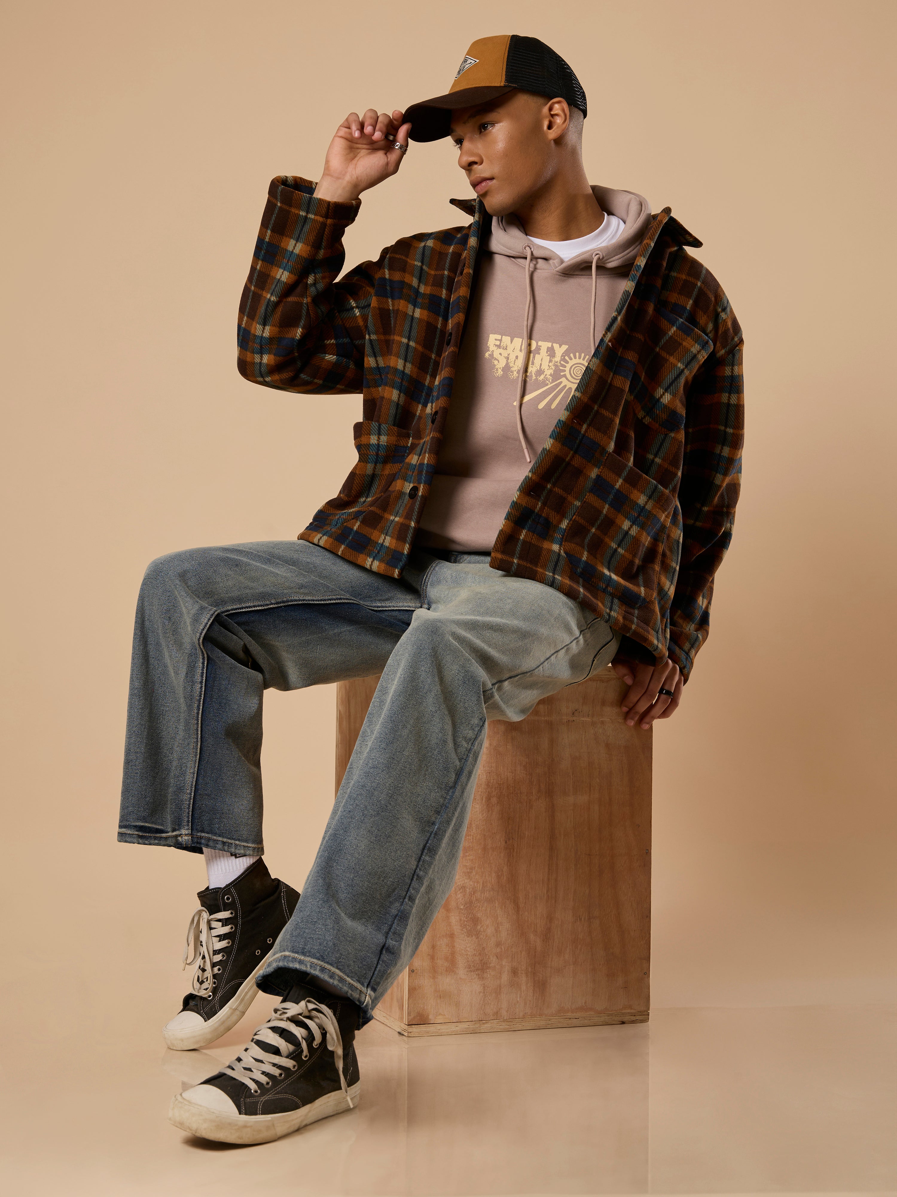 men's biege checked fleece shacket with cotton and polyster belnded  fabric.
