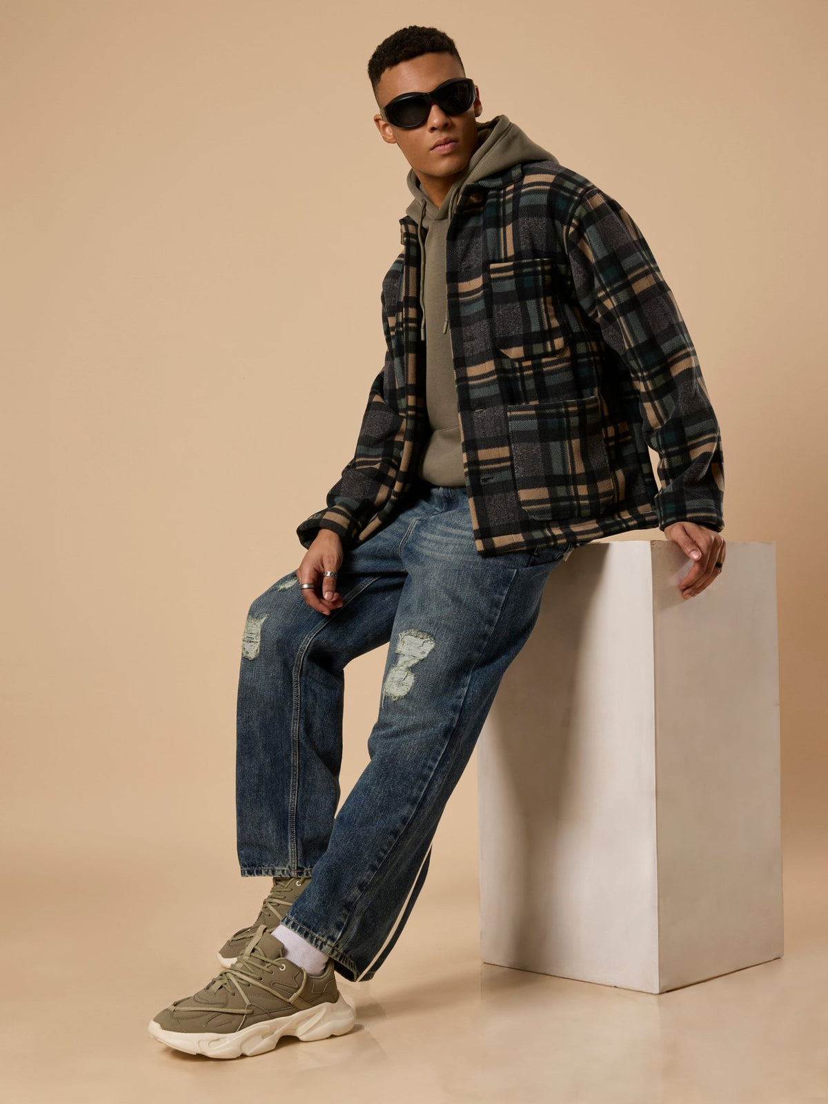 Sherly - Relaxed checked Fleece Shacket - Charcoal - Espanshe