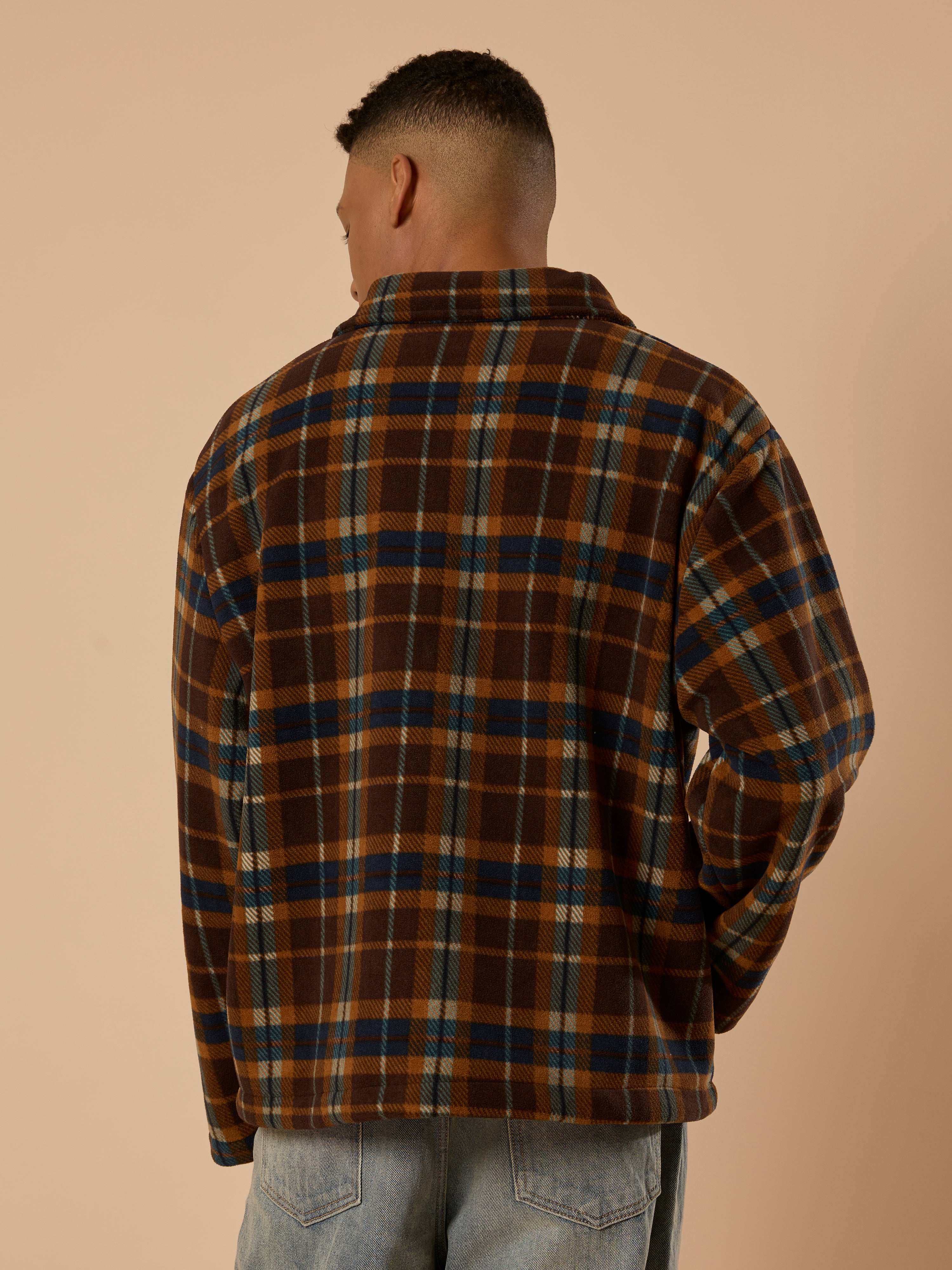men's biege checked fleece shacket with cotton and polyster belnded  fabric.
