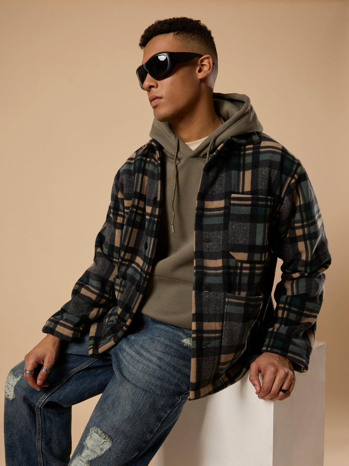 Sherly - Relaxed checked Fleece Shacket - Charcoal - Espanshe
