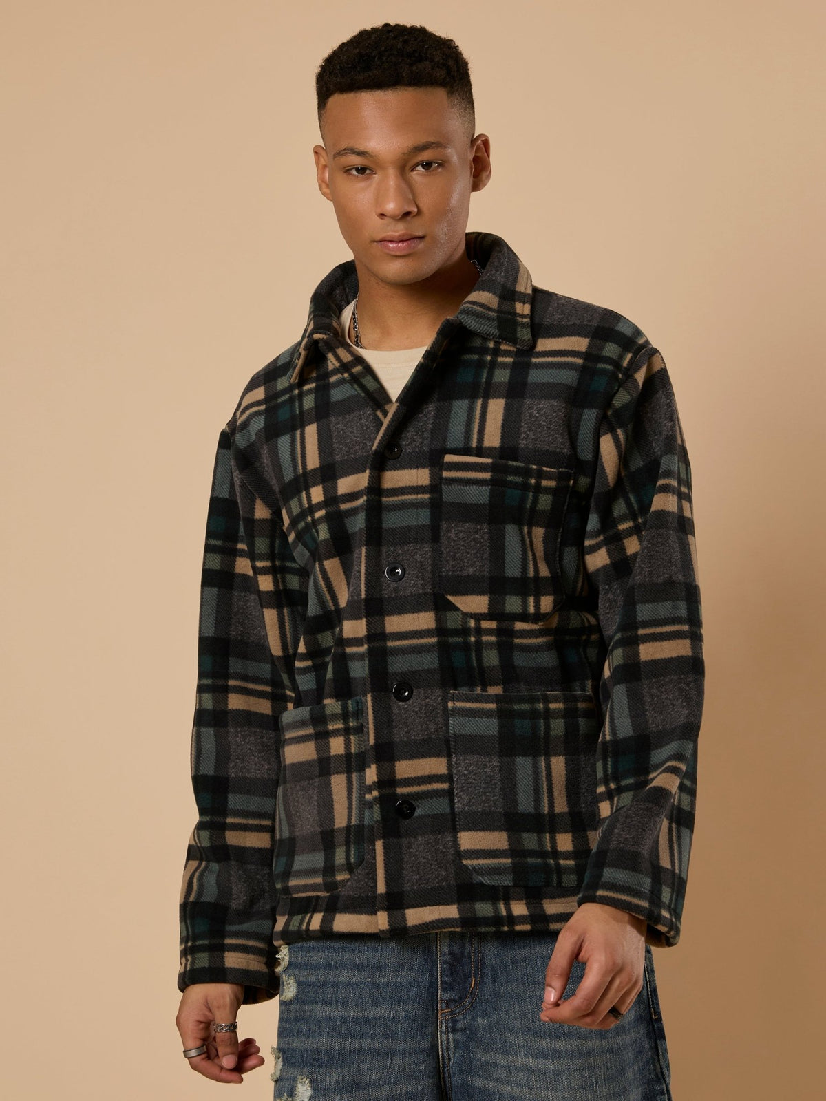 Sherly - Relaxed checked Fleece Shacket - Charcoal - Espanshe