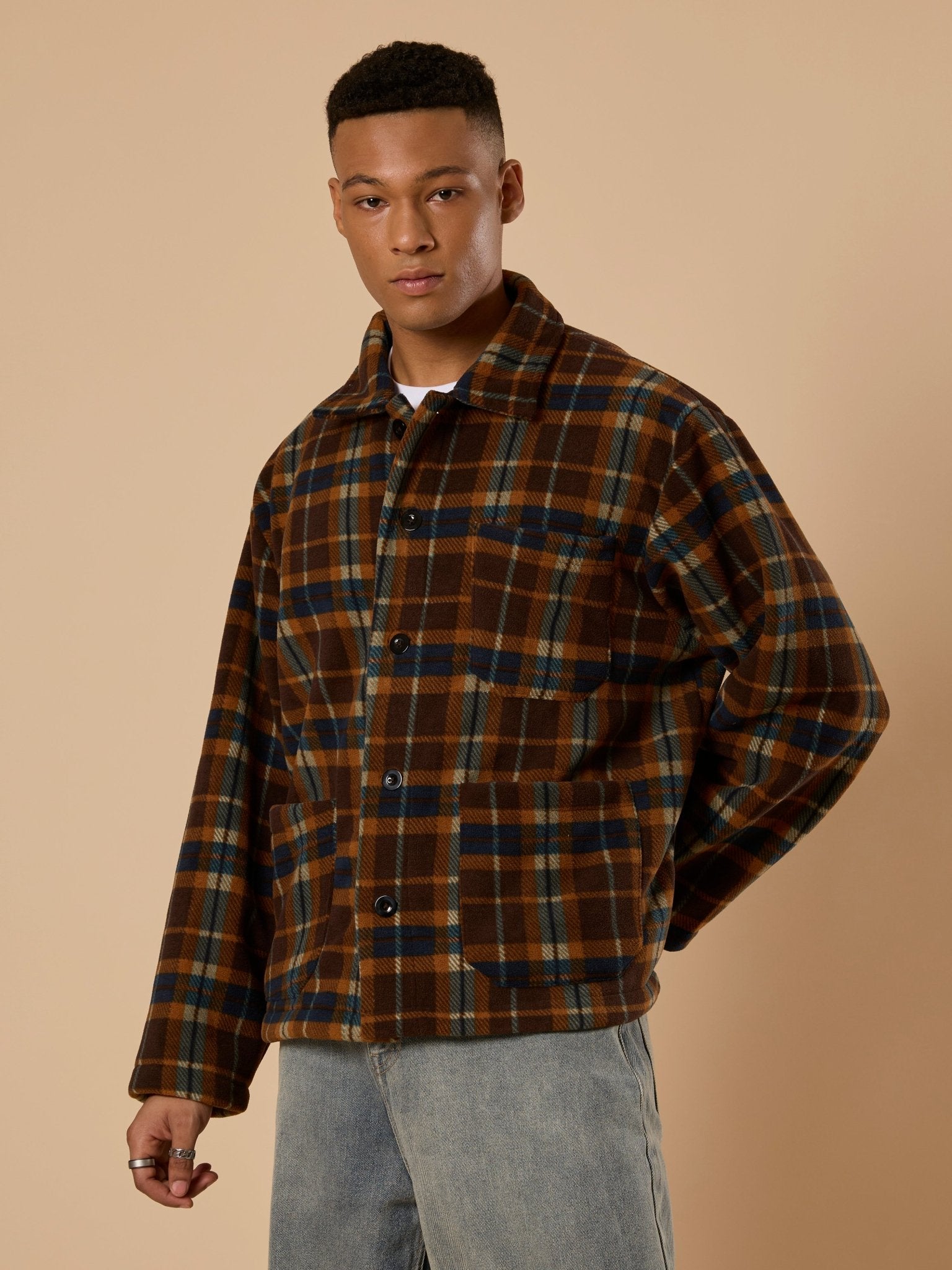 Sherly - Relaxed checked Fleece Shacket - Brown - Espanshe
