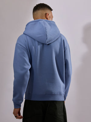 men's light blue long sleeve hoodie with minimal print, cotton and polyster blended.