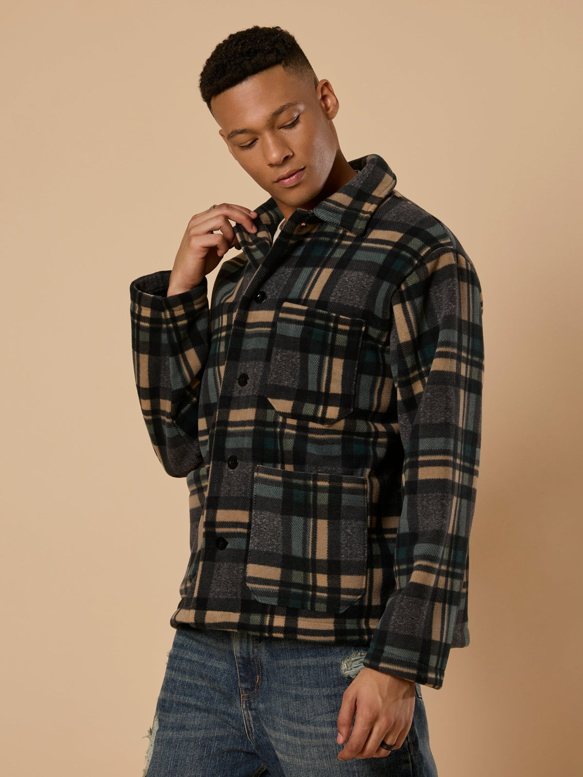Sherly - Relaxed checked Fleece Shacket - Charcoal - Espanshe