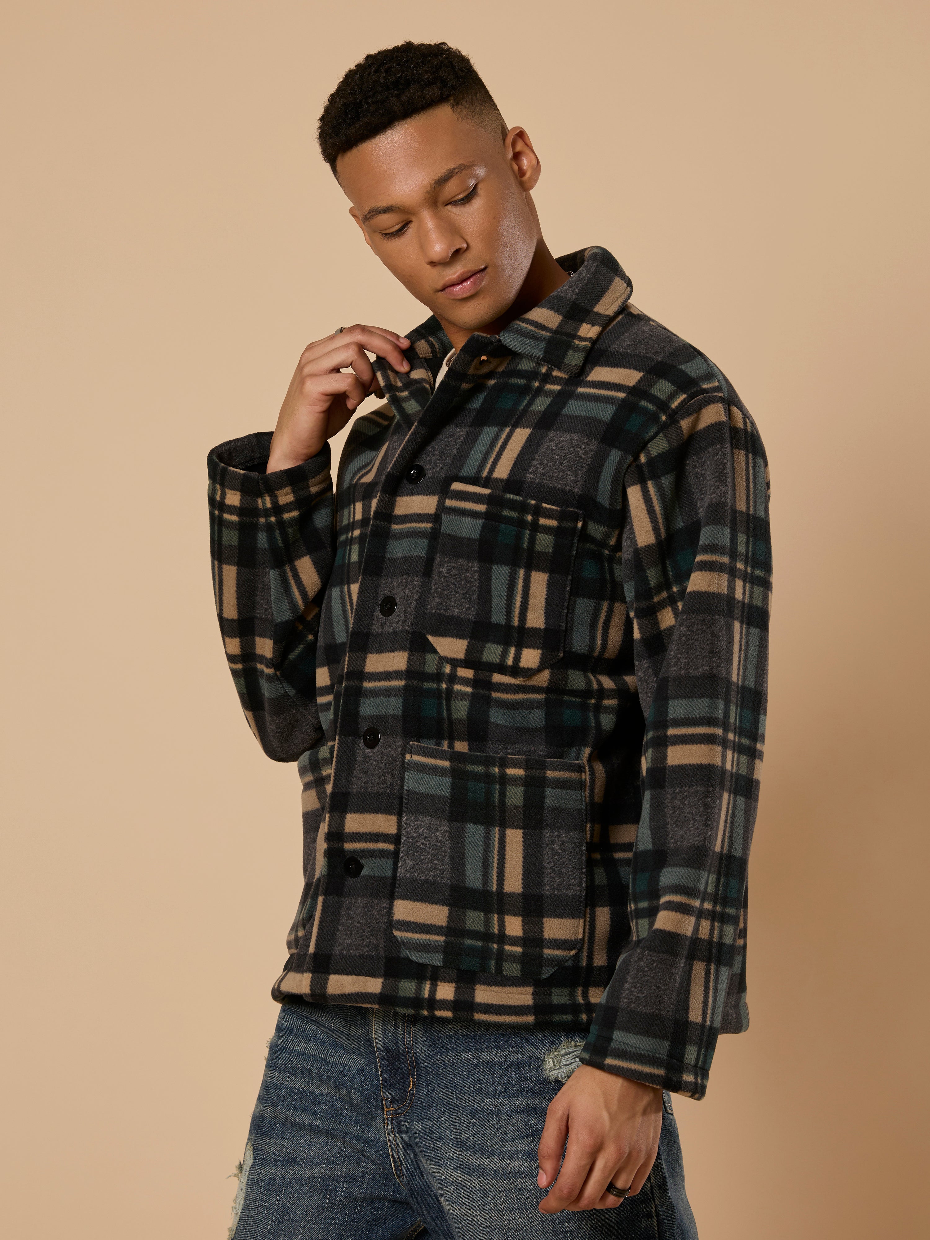 men's charcoal checked fleece shacket with cotton and polyster belnded  fabric.
