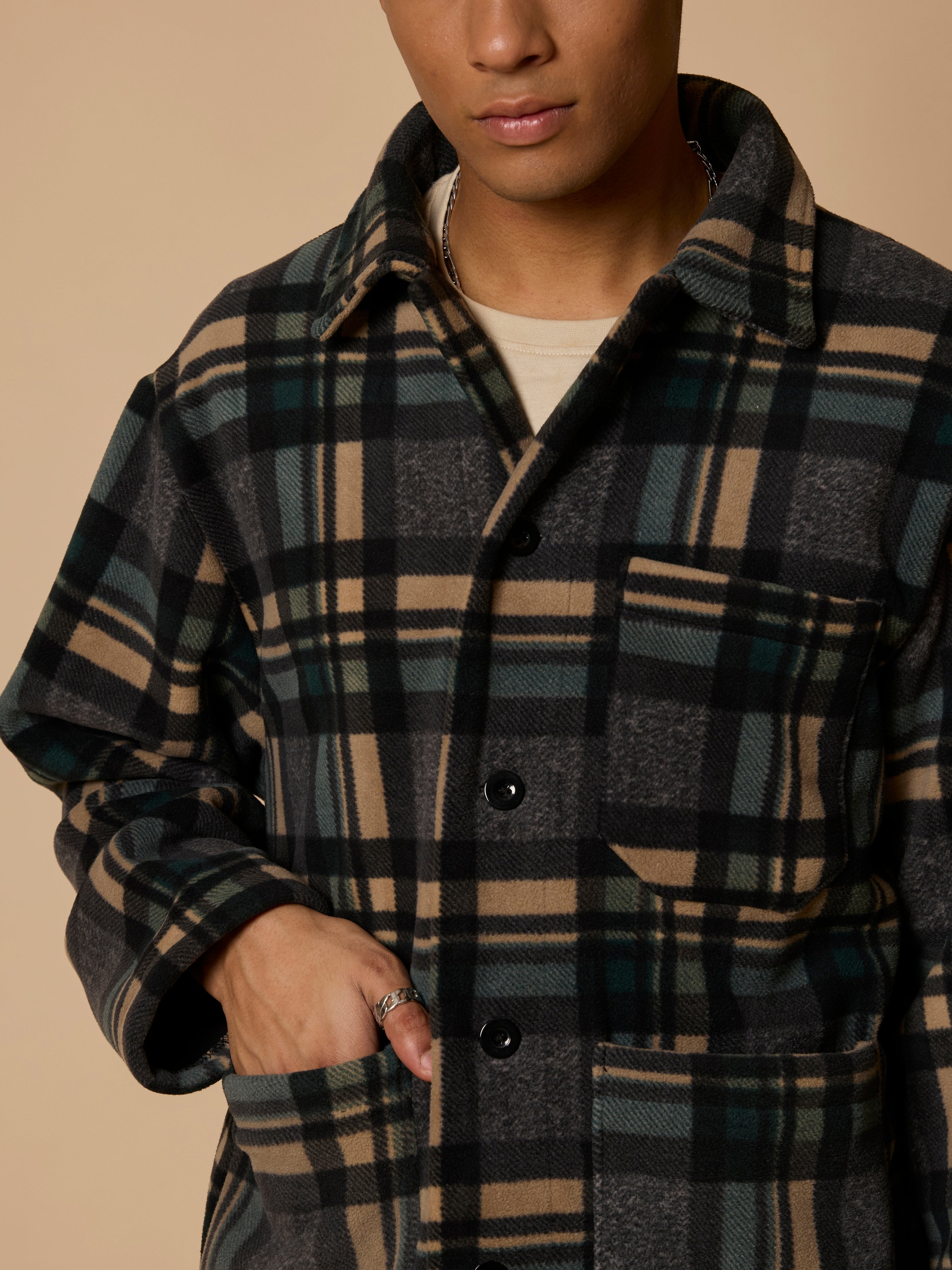 men's charcoal checked fleece shacket with cotton and polyster belnded  fabric.
