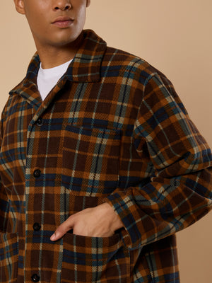 men's biege checked fleece shacket with cotton and polyster belnded  fabric.
