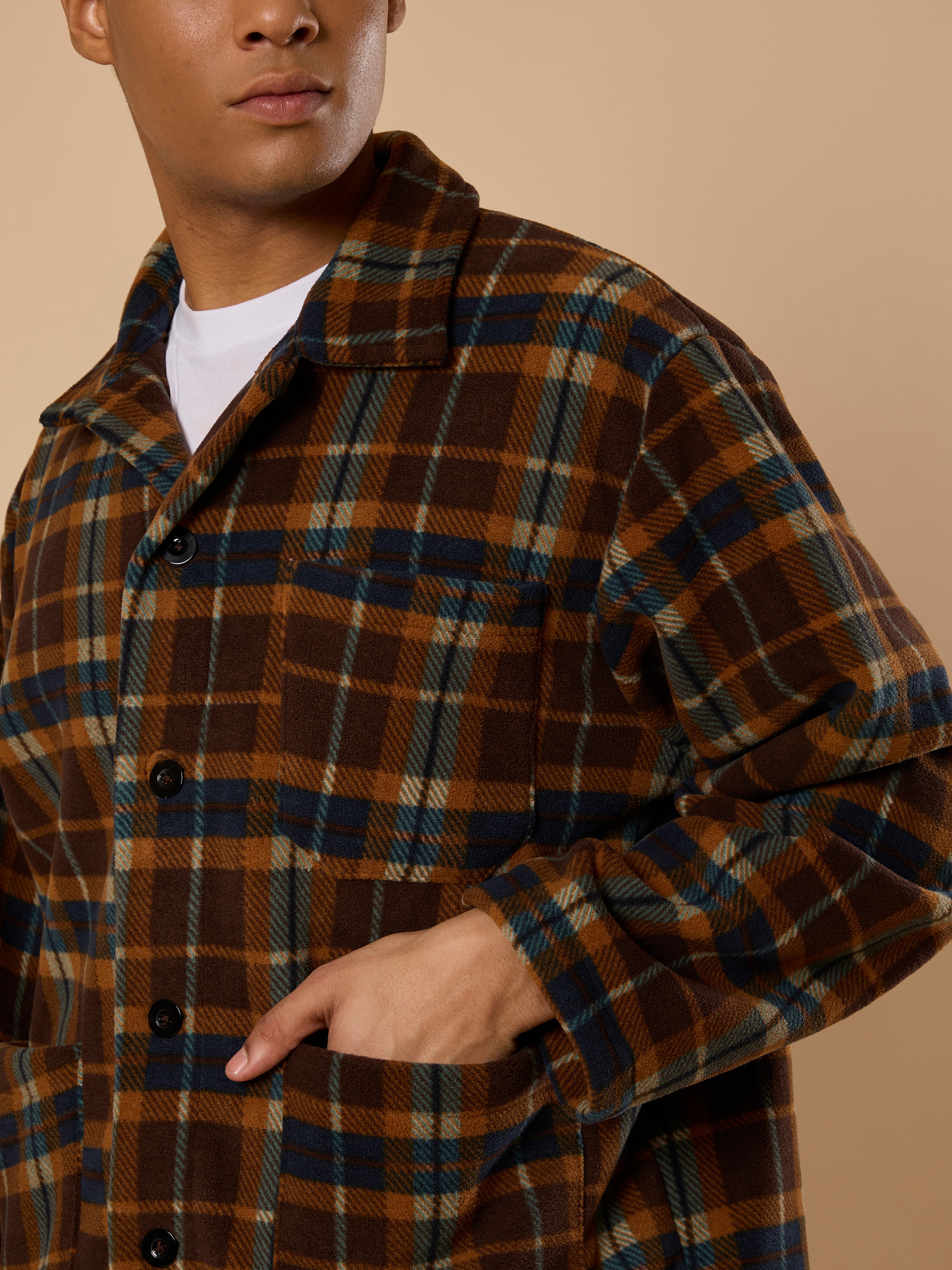 men's biege checked fleece shacket with cotton and polyster belnded  fabric.
