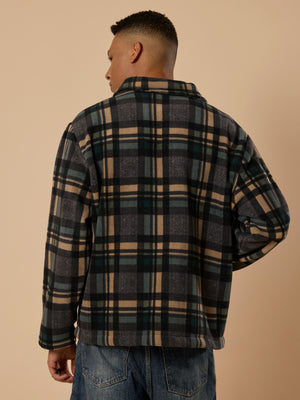 men's charcoal checked fleece shacket with cotton and polyster belnded  fabric.
